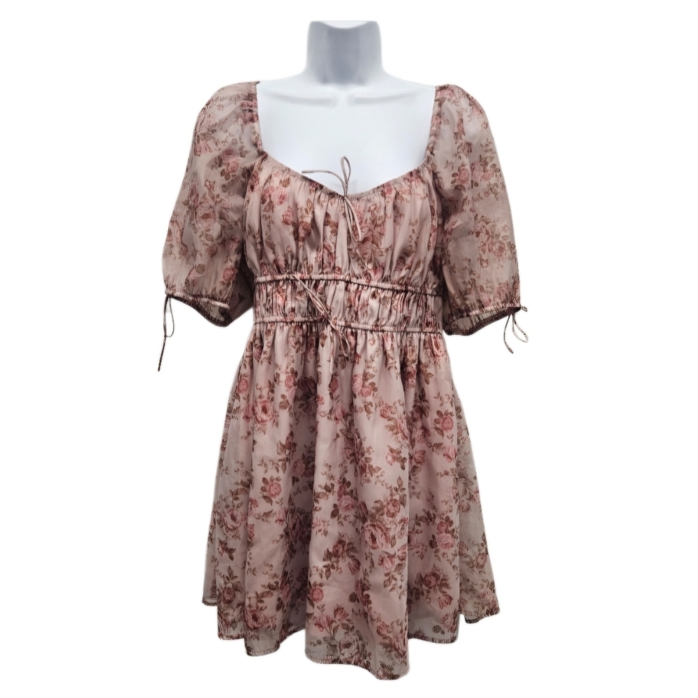 Francesca’s Floral Rose Flowy Mini Dress Blush Pink Tie Sleeve Size Large Spring